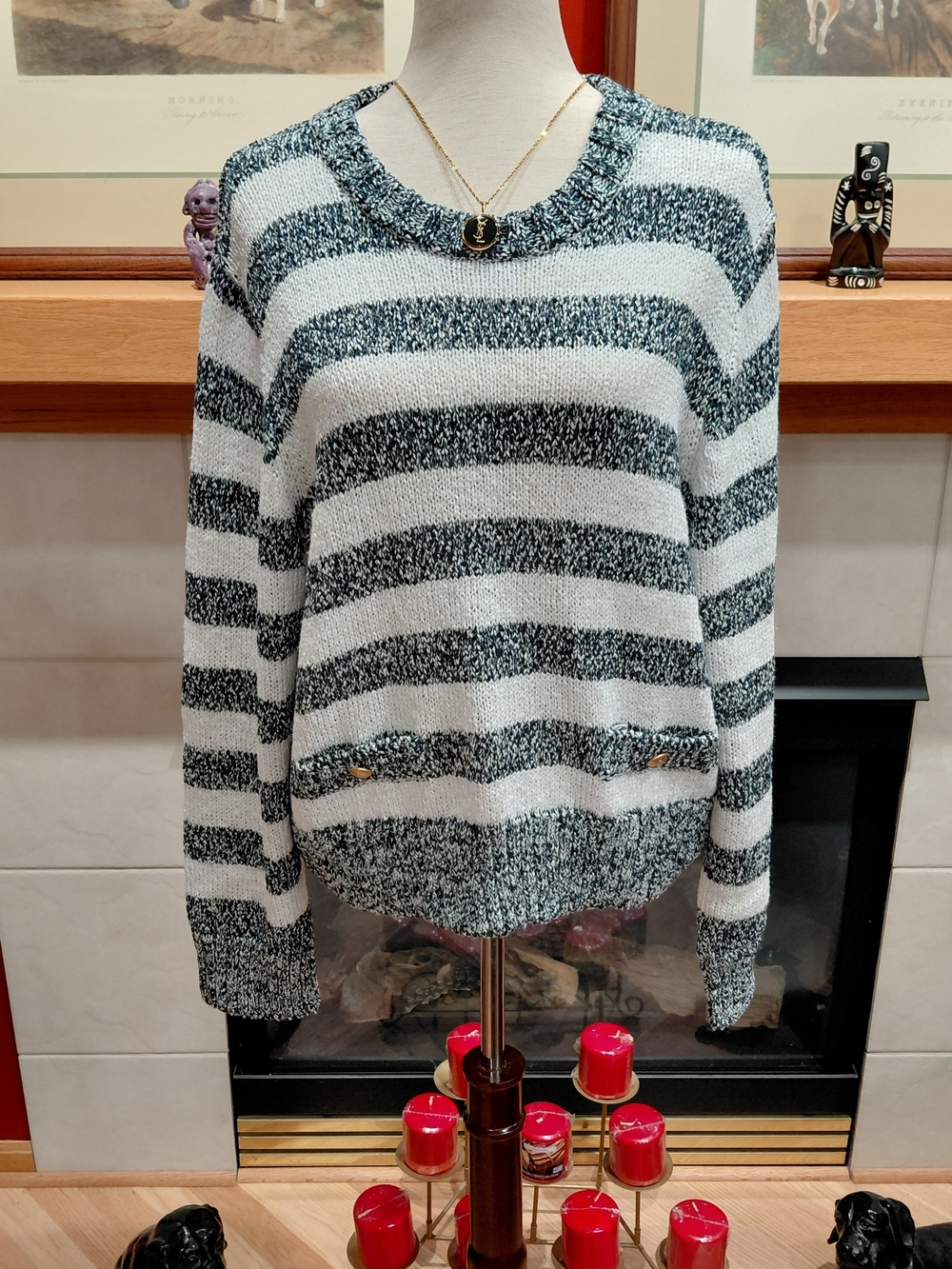 NWT St. John Navy and White Striped Crewneck Sweater XL